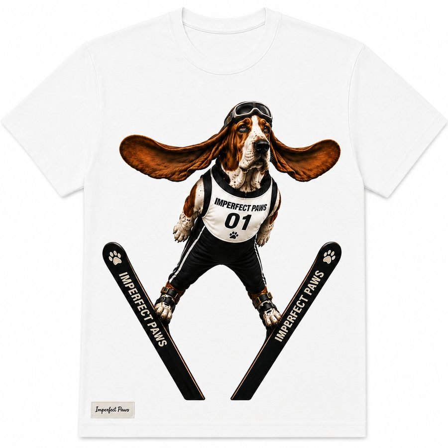 Basset Hound -- Eddie's Jump t-shirt, a Basset Hound ski jumping with its ears out like wings