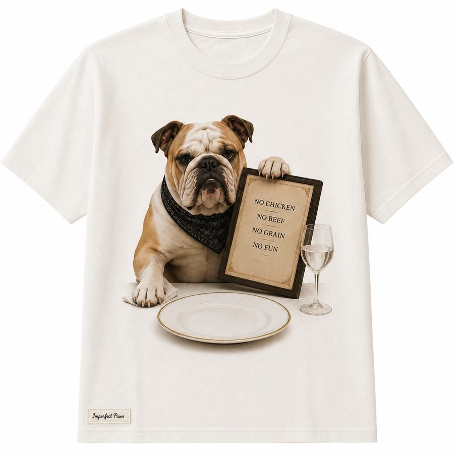 English Bulldog -- Gordon's Menu t-shirt, a Bulldog at a table with an empty plate, wine glass, and a framed sign listing food restrictions