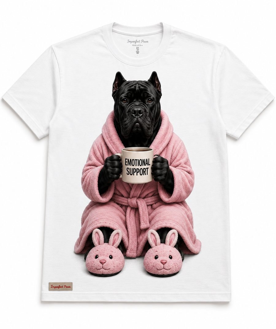 Cane Corso -- Tank's Day Off t-shirt, a Cane Corso in a pink robe and bunny slippers holding a mug that says Emotional Support