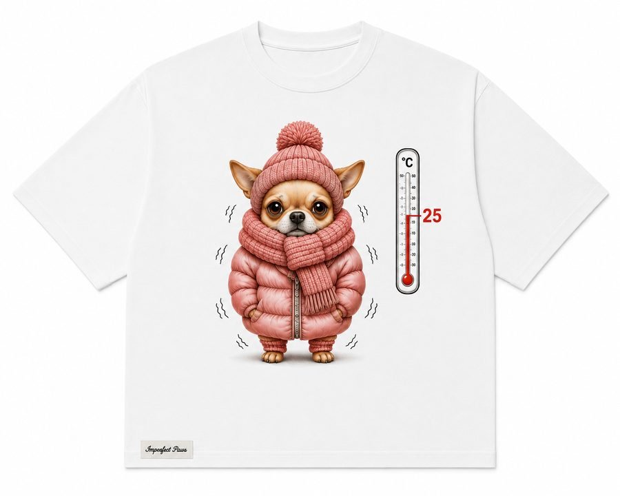 Chihuahua -- Frosty's Forecast t-shirt, a Chihuahua bundled in a pink puffer coat and beanie next to a thermometer reading 25 degrees