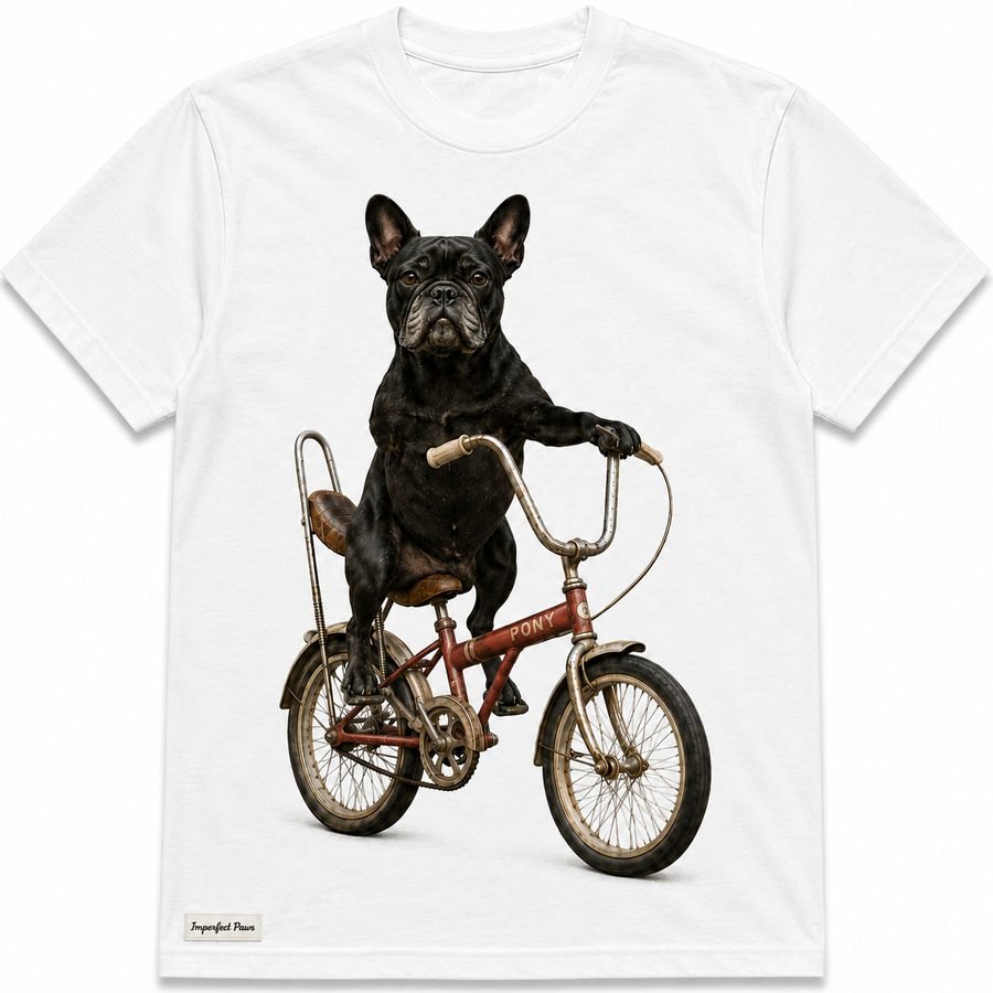Frenchie -- Fiona's Ride t-shirt, a French Bulldog riding a small BMX bike