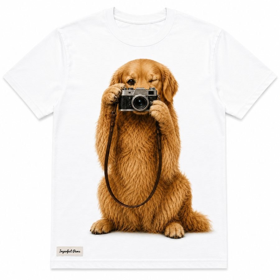 Golden Retriever -- Ansel's Shot t-shirt, a Golden Retriever winking while holding a vintage camera