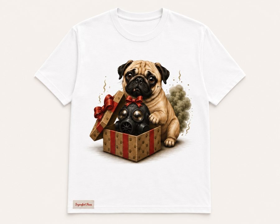 Pug -- Puff's Gift t-shirt, a Pug sitting next to an open gift box containing a gas mask with a red bow